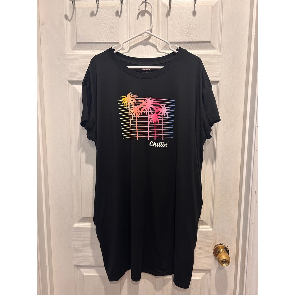 Joyspun Womens L/XL Black Palm Tree Graphic Sleep Shirt Loungedress with Pockets